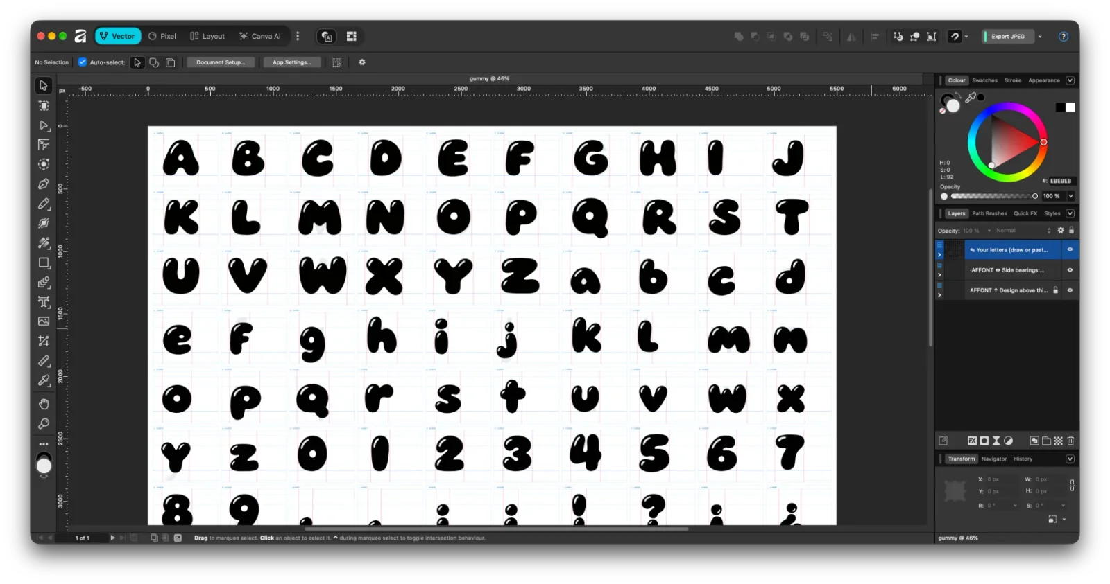 Affinity with the letters of a font drawn on the Affont template